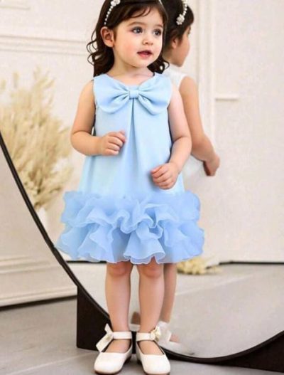 Girls Blue Bow Ruffle Hem Party Dress