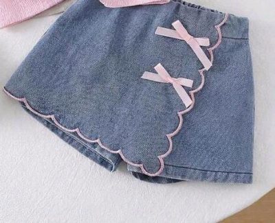Girls Denim Skort with Pink Bows and Scalloped Trim