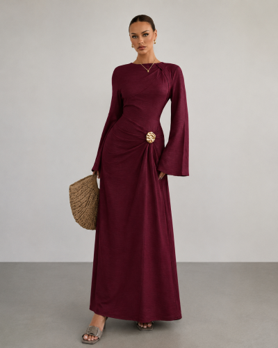 Elegant Burgundy Maxi Dress with Gold Brooch Detail
