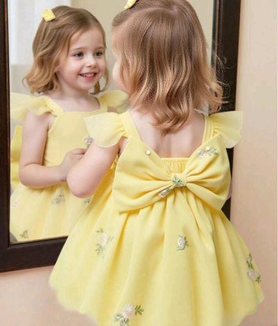 Girls Yellow Floral Bow Party Dress