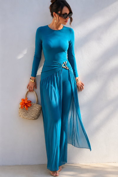 SHEIN Women’s Teal Ruched Waist Long-Sleeve Maxi Dress