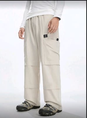 Light Beige Wide Leg Cargo Pants for Men and Women with Oversized Side Pockets