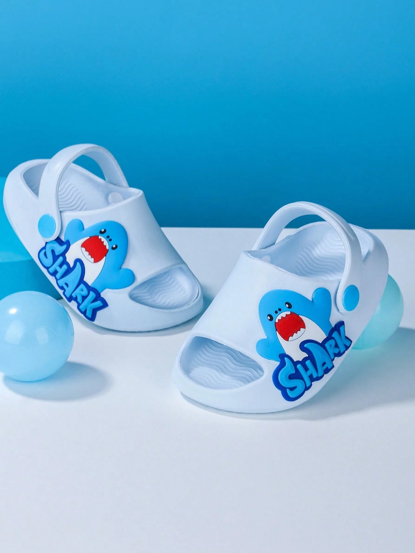 Kids White Shark Graphic Summer Sandals – Lightweight Open Toe Slip-On Shoes with Back Strap