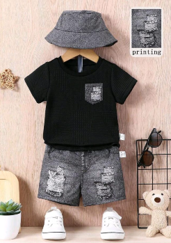 SHEIN Boys 3-Piece Black T-Shirt, Distressed Shorts and Bucket Hat Set